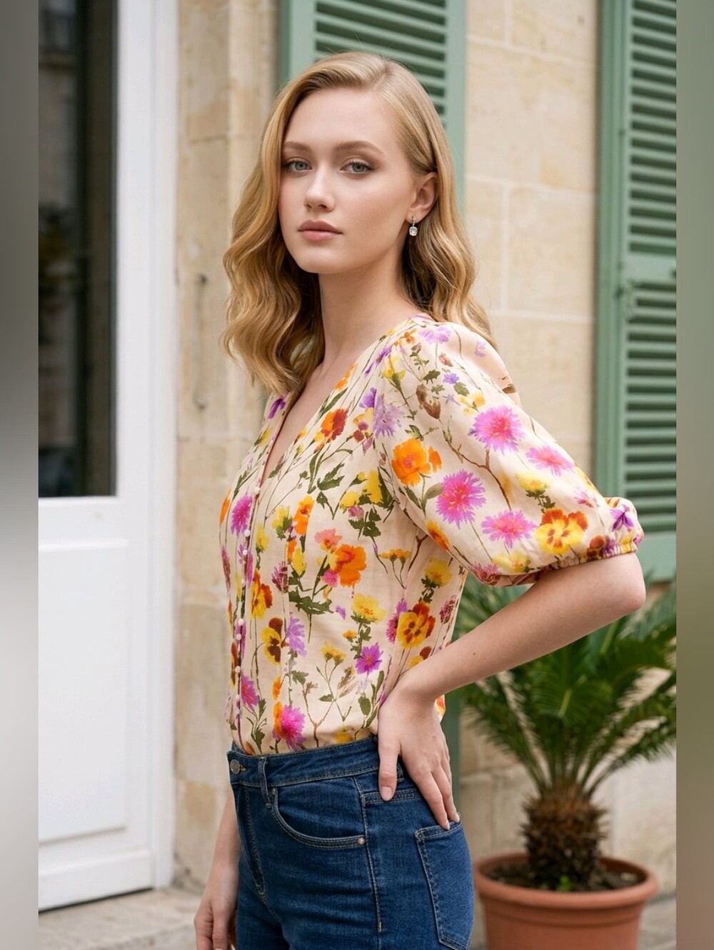 Ever New Charlotte V-Neck Floral Puff Sleeve Blouse Top - Multicolour - Size 8.